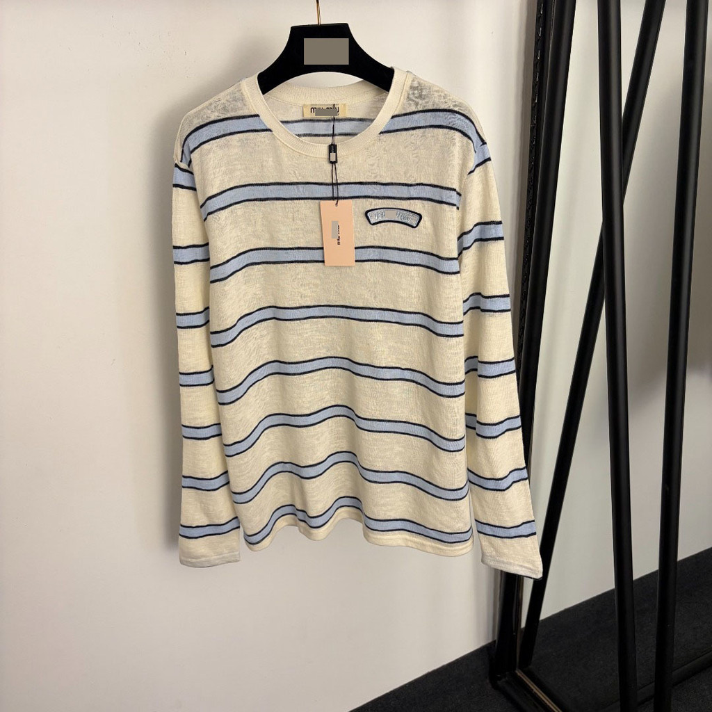 JTA6 M*IU Collar label with embroidered letters, color-blocked striped long sleeves T Shirt