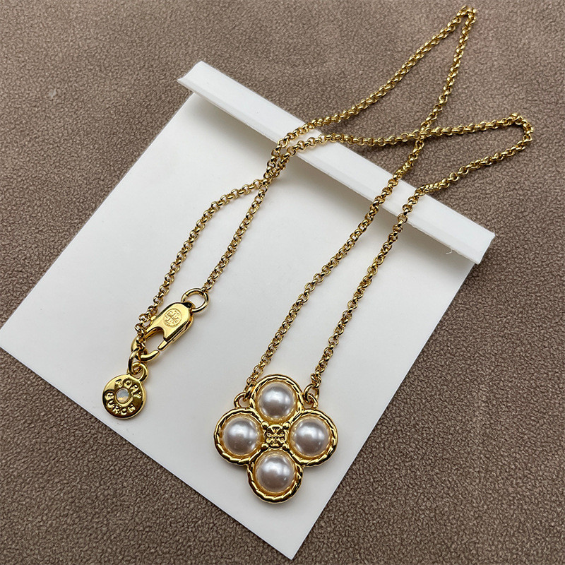 UX5L Plating18K Gold Imitation Pearl Four-leaf Clover Flower Pendant Necklace TLOGO Ornament