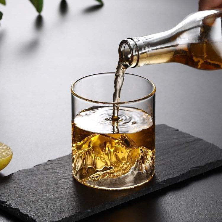 Cốc Whiskey Thủy Tinh Hình Núi 3D 200ML, Ly Tumbler Cao Cấp Dùng Cho Bourbon Scotch Brandy
