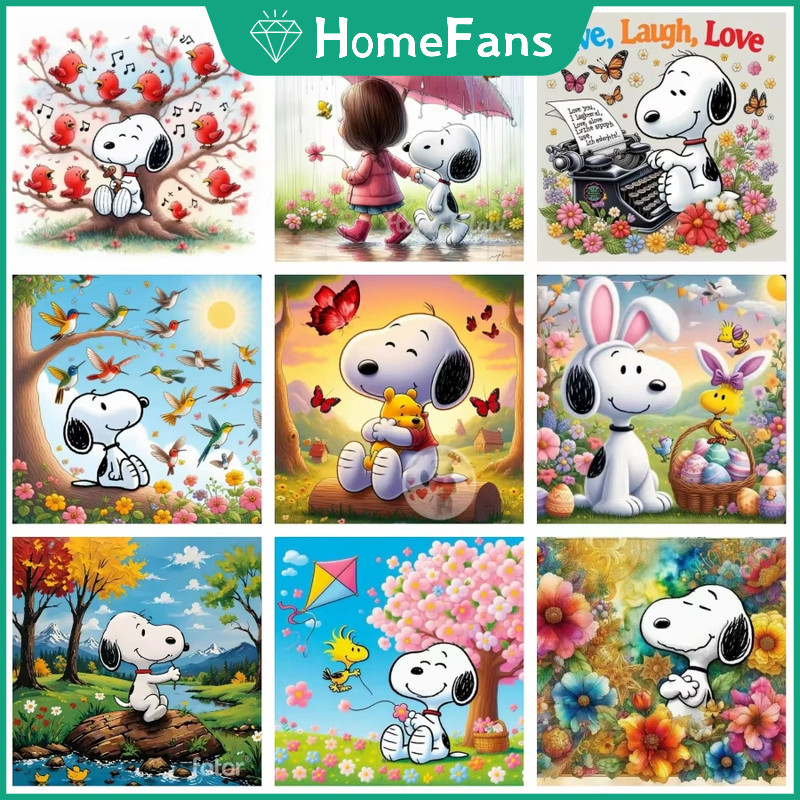 [HF] Snoopy With Birds Flowers Scenery Diamond Painting Kit Comic Art Cross Stitch Kit Treo tường tr