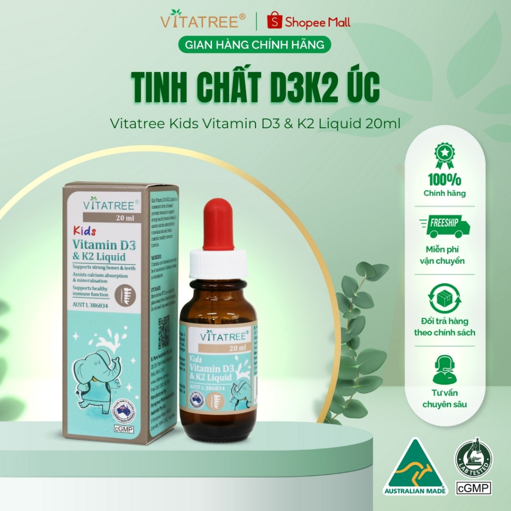 TPBVSK Vitatree Kids Vitamin D3 & K2 Liquid 20ml -  Tinh Chất D3K2 Hỗ Trợ Hấp Thu Canxi Cho Trẻ