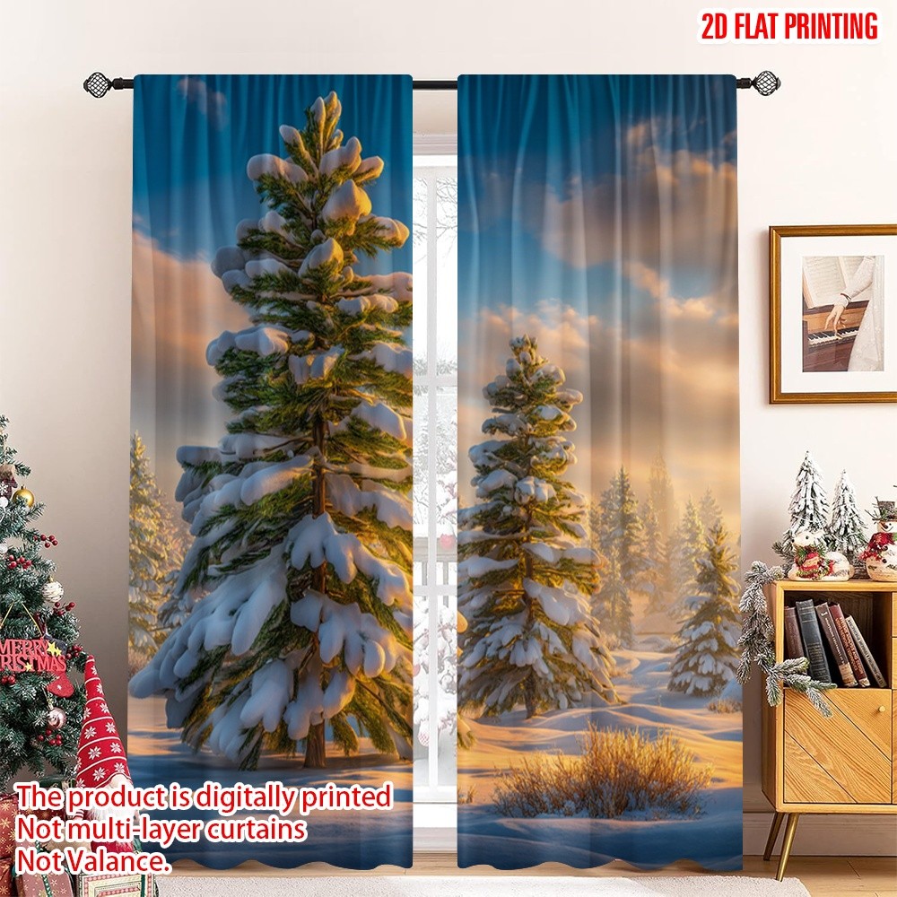 2 Chiếc 2D In Hình Phẳng Giáng Sinh Nóng Rèm Mùa Đông Rừng Tuyết Thông (2) In Kỹ Thuật Số Polyester 