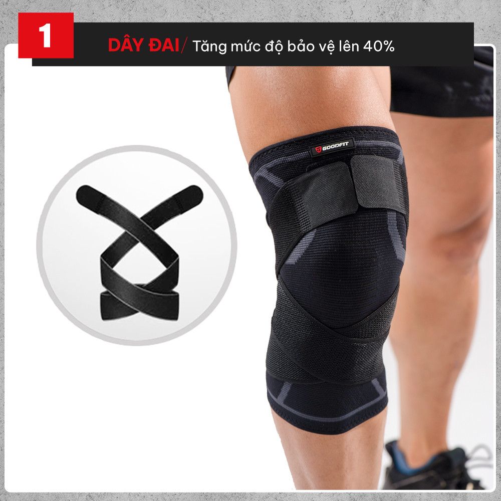 Bó gối thể thao chính hãng kèm dây quấn trợ lực GF511K dày dặn co giãn 4 chiều