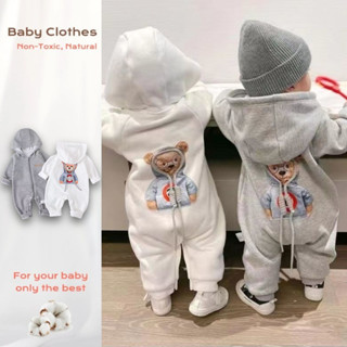 Áo Liền Quần Có Nón Tay Dài In Hình Gấu Hoạt Hình Phong Cách Hàn Quốc Chất Lượng Cao Thời Trang Xuân Thu Cho Bé Trai Và Bé Gái 0-24 Tháng Tuổi