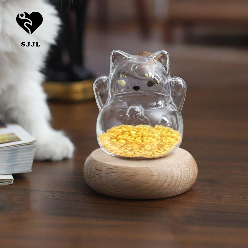 SJJL Cat Shape Saving Jar, với đế gỗ Lucky Cat Glass Coin Bank, Wishing Bottle Clear Glass Trang trí