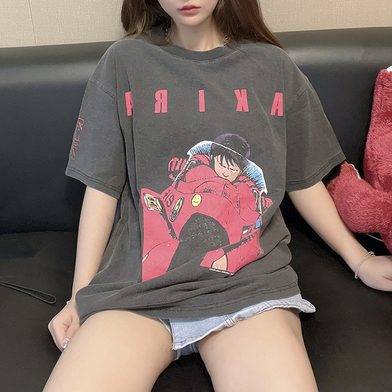 BJQZ AKIRA Akira anime cartoon retro Vintage Washed distressed short-sleeve couple's loose fit shirt