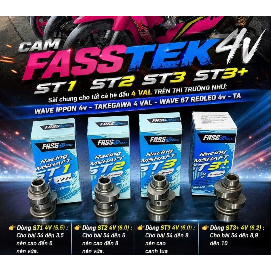 Cam FASSTek 4Val đủ mẫu ST1.2.3.3Plus dành cho xe Wave Dream WAVE HỆ ĐẦU  IPPON 4v - TAKEGAWA 4 VAL 