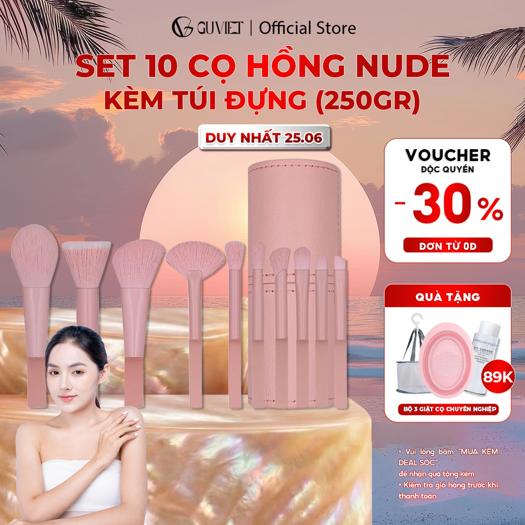 Bộ cọ trang điểm cá nhân GUVIET kích cỡ mini màu Hồng nude gồm 10 cọ kèm theo túi đựng