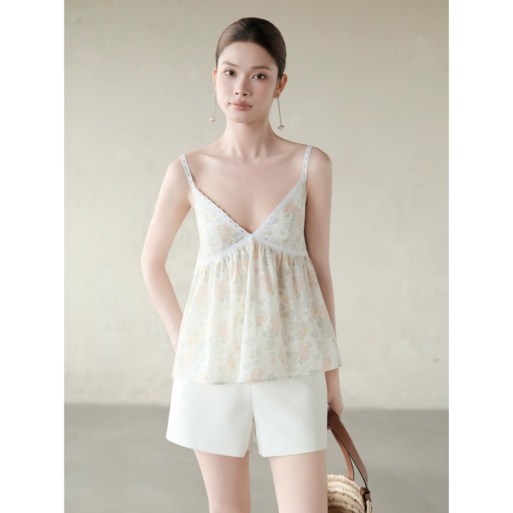 RUBIES Asley Top - Áo Kiểu Nữ Vải Thô In Hoa Dáng Babydoll 2 Dây Cổ Tim V