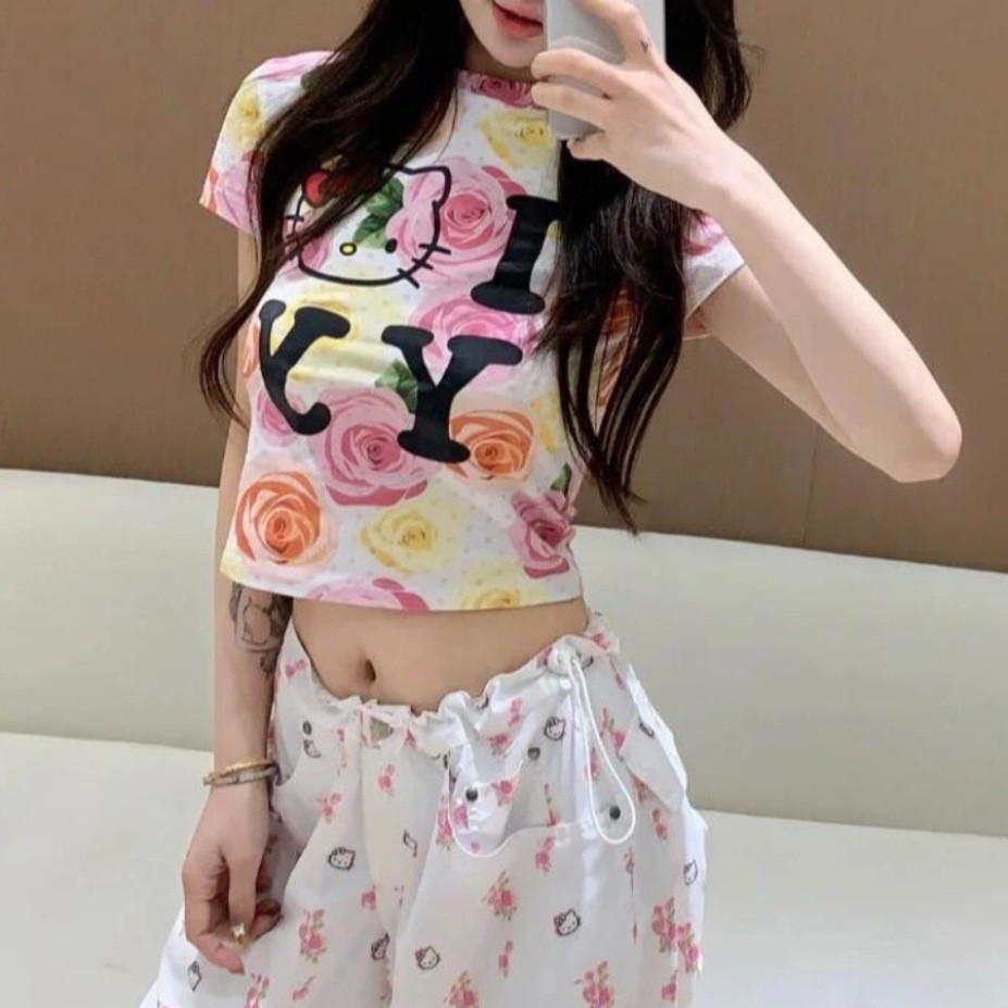 J76J clottyteam South Korea openyy Collaboration rose print short sleeve shirt T Women's trendy shor