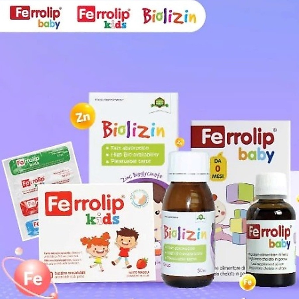 Hộp 20 Gói Ferrolip Kids & Chai 50ml Kẽm Biolizin & Chai 30ml Sắt Ferrolip Baby Dạng Siro HM