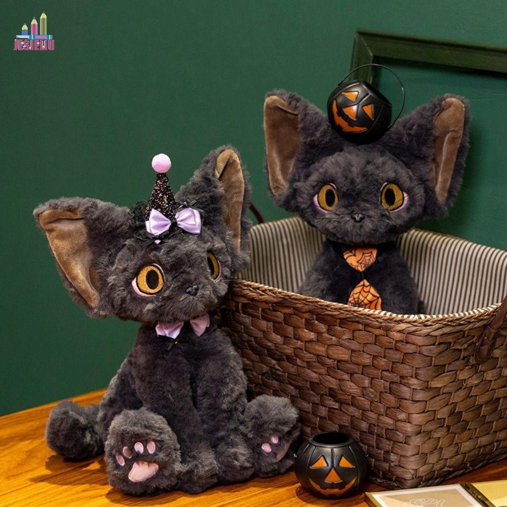 JESJELIU Búp bê sang trọng cho mèo đen, Giỏ bí ngô Đôi mắt to Devon Rex Cat Đồ chơi sang trọng, Dễ t