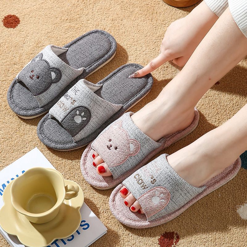 Đồ vải lanh Dép mùa hè trong nhà Dép trong nhà dễ thương cho cặp đôi Bốn mùa Vải lanh cotton thấm hút mồ hôi Không trượt