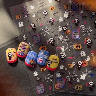 EELHOE YITU Miếng dán móng tay hoạt hình Halloween hình đầu bí ngô ma quái phù hợp với miếng dán móng tay ba chiều tối màu vui nhộn cho tiệm làm móng