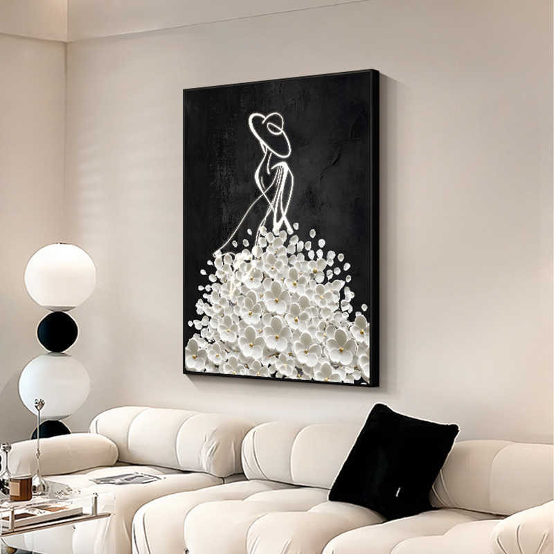 Tranh Cô Gái Váy Hoa Trắng Nghệ Thuật Line Art – Decor Phòng Khách Studio Căn Hộ Hiện Đại60x80cm