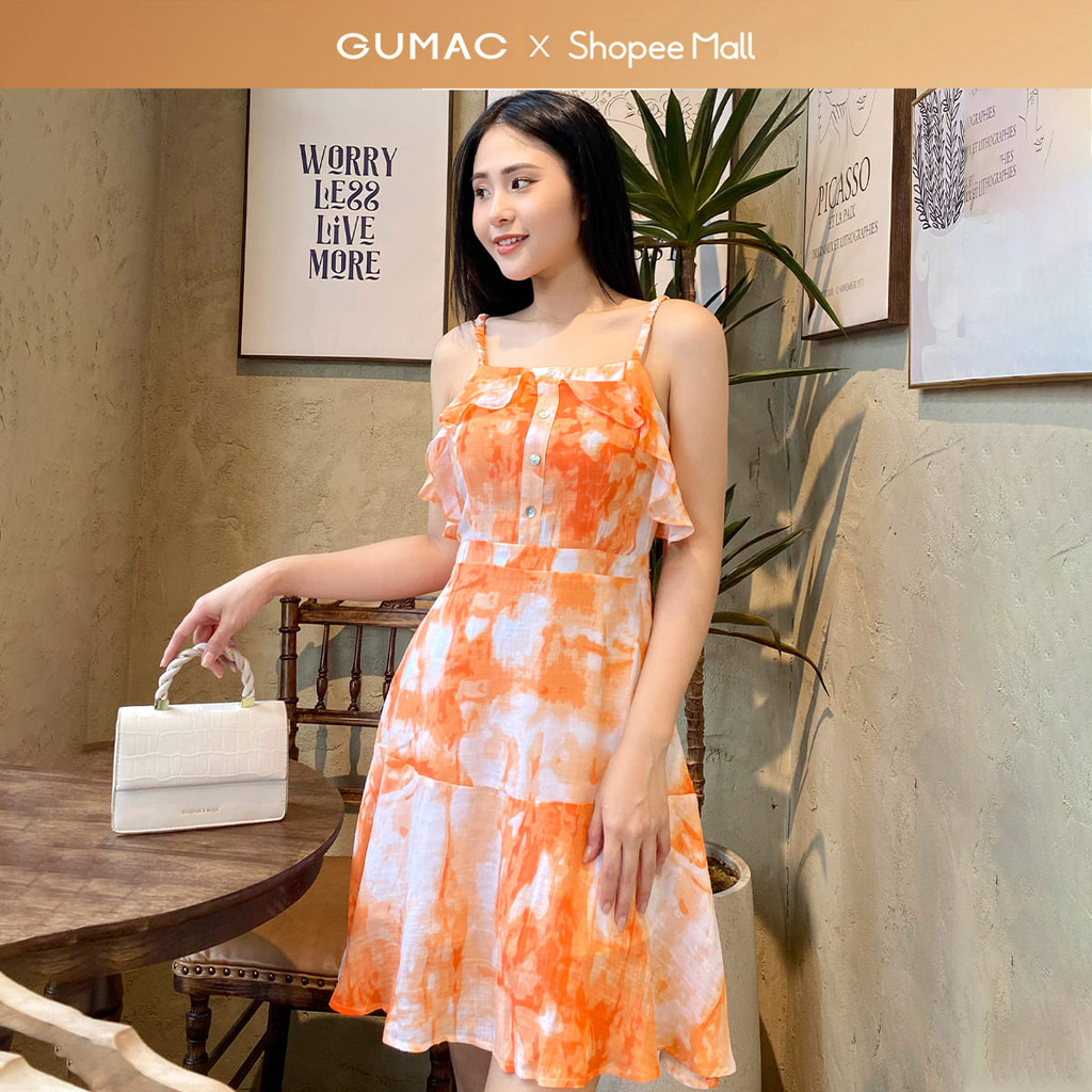 Đầm nữ GUMAC A mini ngắn 2 dây phối bèo vải tơ mềm mát  DD04053