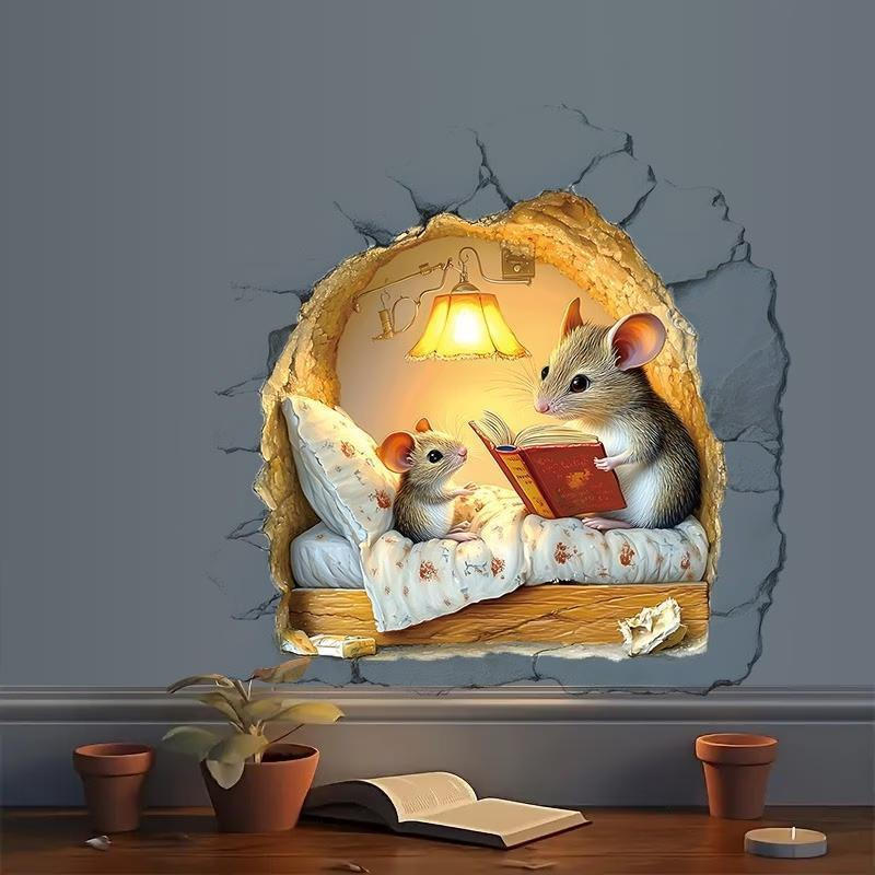 TQ~Creative wall-piercing effect little mouse wall sticker Warm Reading Scene Stickers Waterproof de