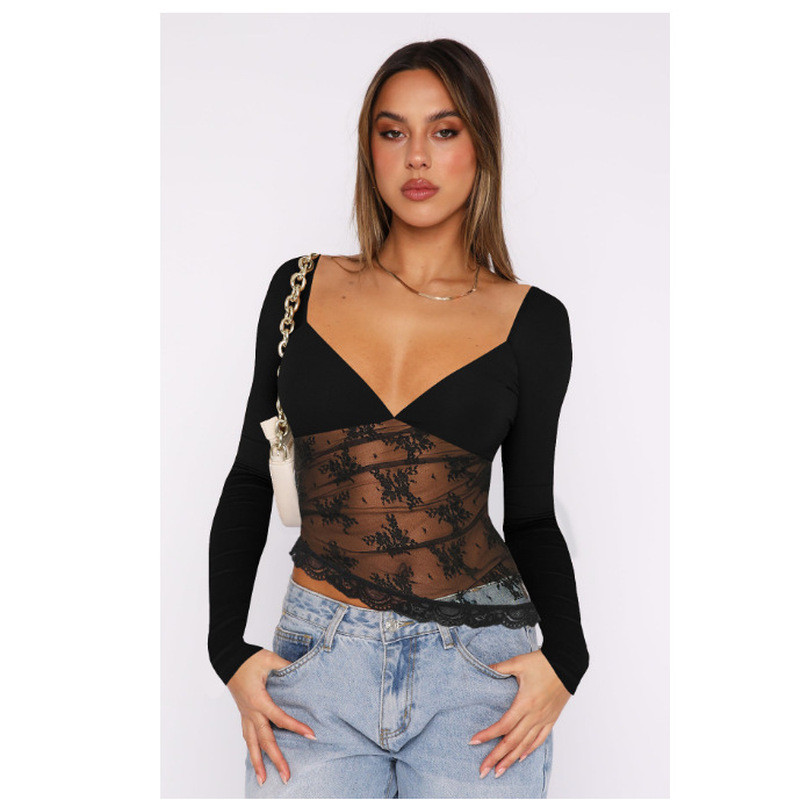 S32202 Xuyên Biên Giới Mùa Thu 2024 Phong Cách Mới Màu Ren Khâu Gợi Cảm Hot Girl Top Quần Áo Nữ