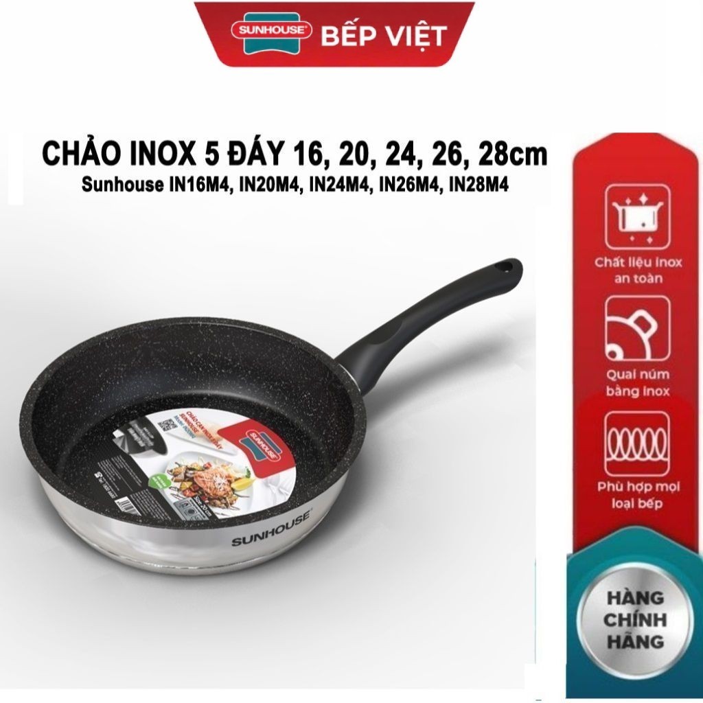 Chảo cạn inox 5 đáy Sunhouse IN16M4/ IN20M4/ N24M4/ IN26M4/ IN28M4