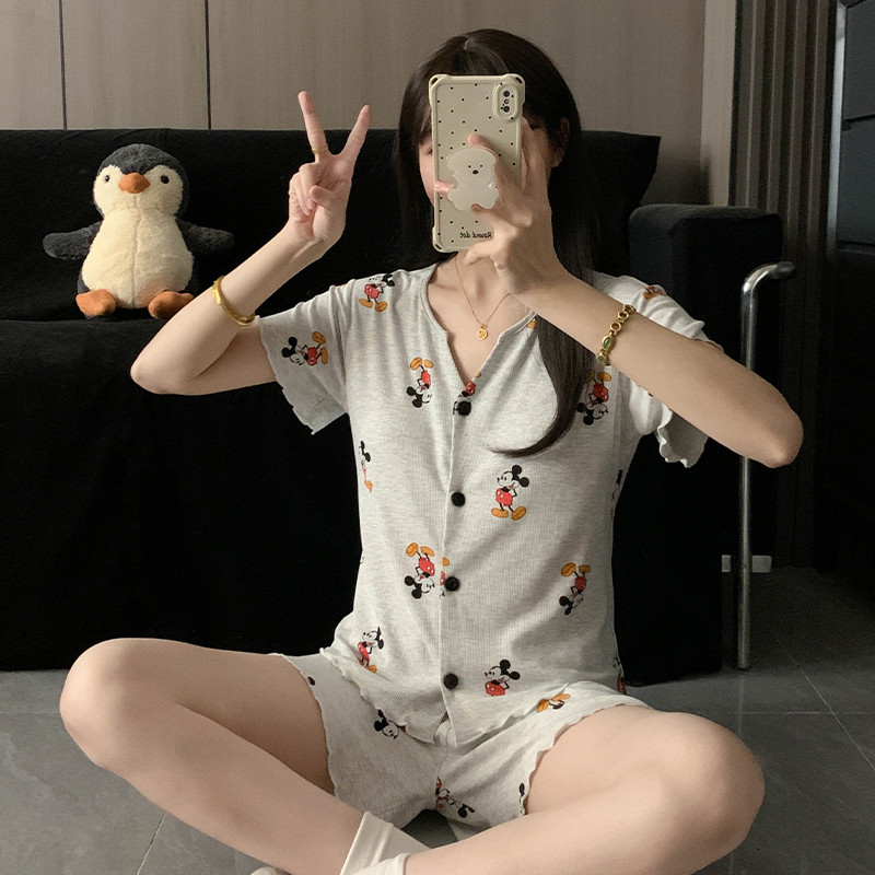 91256#Pajama Bộ nữ LYCRA Cotton Ice Silk Ribbed Áo len ngắn tay có quần Short