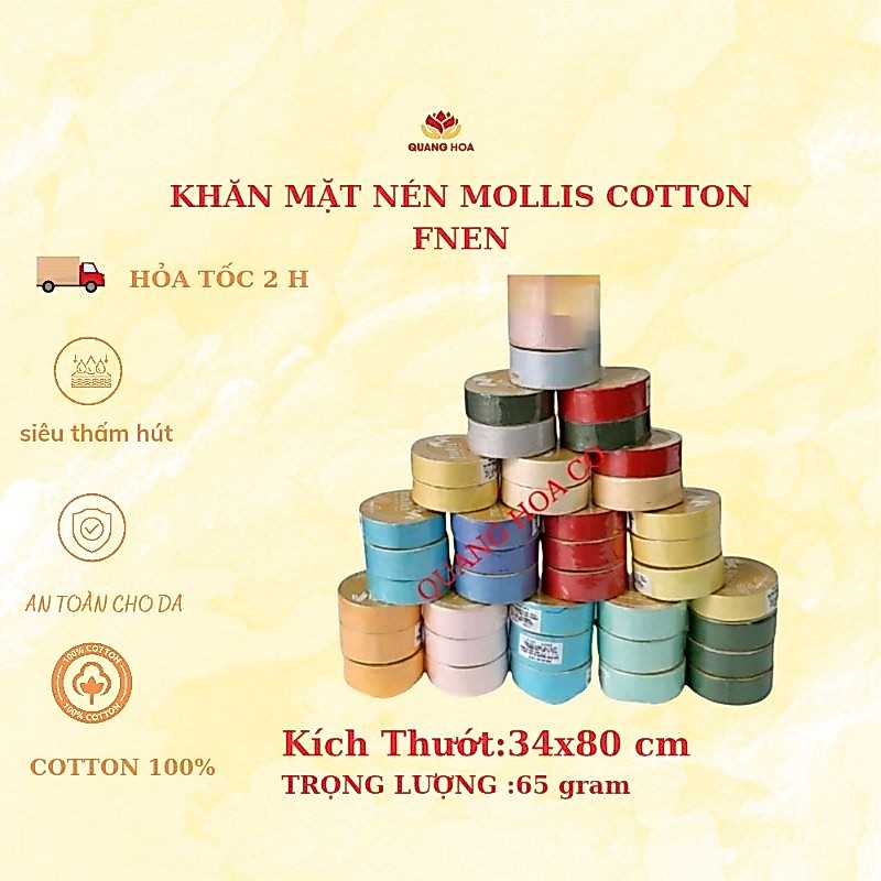 Khăn mặt nén Mollis Chất Liệu Cotton FNEN 34 x 84 cm