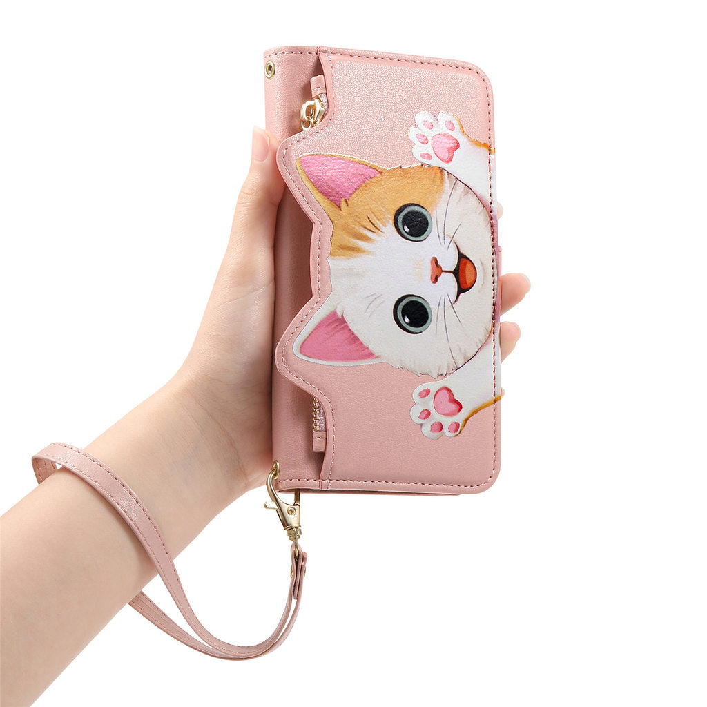 Ví da có dây kéo Cat Paw, Vỏ điện thoại chống rơi có dây đeo tay & Bảo vệ Camera cho Moto 2023 2024 