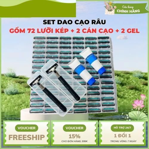 Sét Dao Cạo Râu 72 luoi + 2 cán Dao Tặng 2 Lọ Gel Làm Mềm Râu và Hộp Nhựa đựnġ Cán