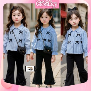  TM1745 Set áo học sinh xanh sọc nơ kèm quần đen ống loe cho bé gái 