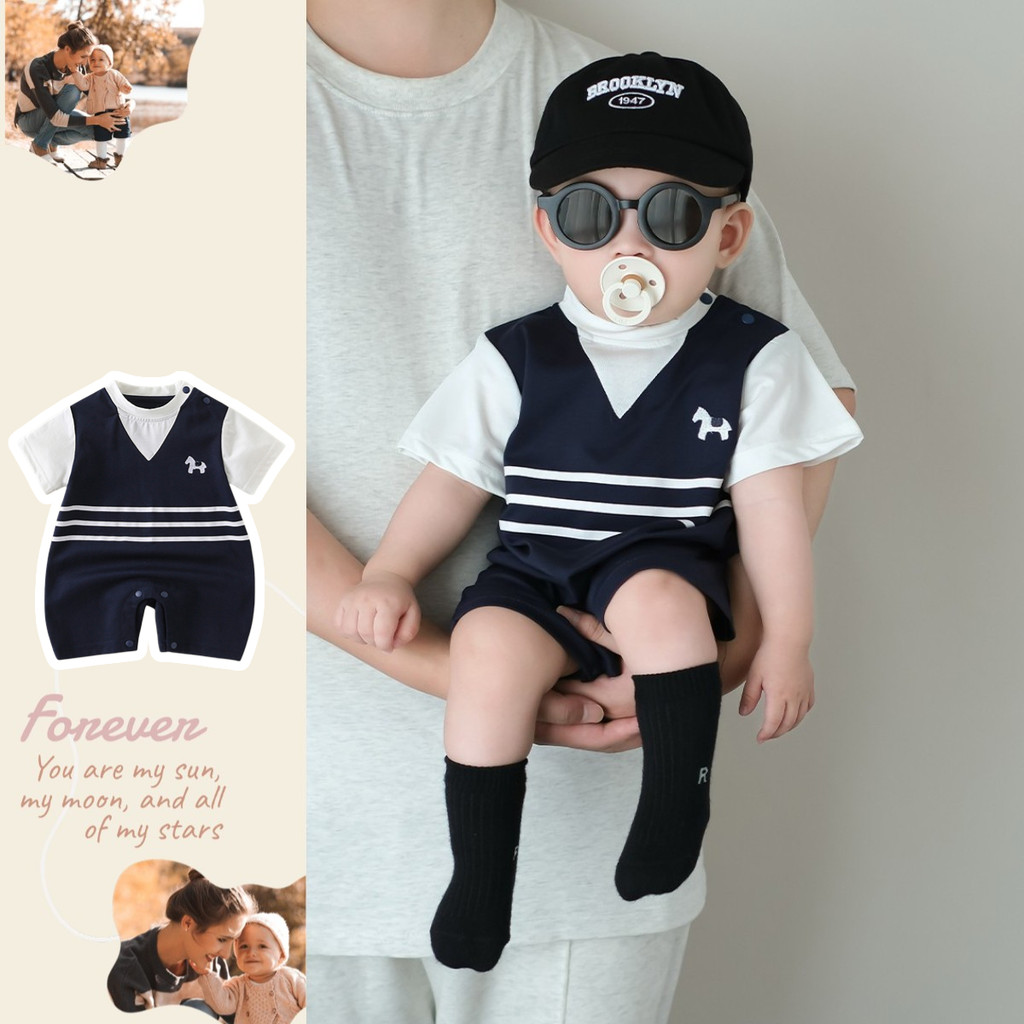 Mùa Hè Mới Bé Trai Và Bé Gái Body Ngắn Tay 0-24 Tháng Cotton Nguyên Chất Nối Thiết Kế Siêu Đẹp Trai Phong Cách Đại Học Áo Liền Quần Phong Cách Hàn Quốc