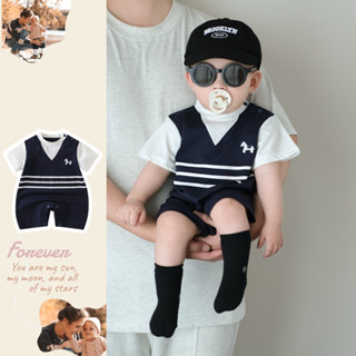 Mùa Hè Mới Bé Trai Và Bé Gái Body Ngắn Tay 0-24 Tháng Cotton Nguyên Chất Nối Thiết Kế Siêu Đẹp Trai Phong Cách Đại Học Áo Liền Quần Phong Cách Hàn Quốc