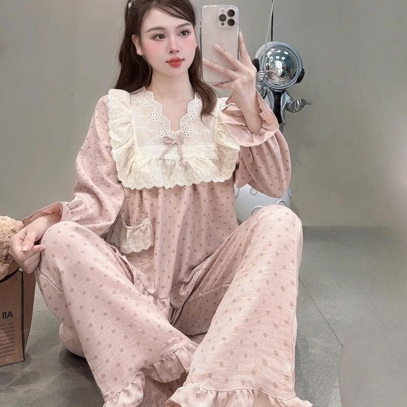 Sammy Bộ Mặc Nhà Cổ V Viền ren bản to chất liệu Đũi Vân mây hoạ tiết xinh xắn dễ thương cho Nữ DD22 Sammy nhiều màu sắc | BigBuy360 - bigbuy360.vn