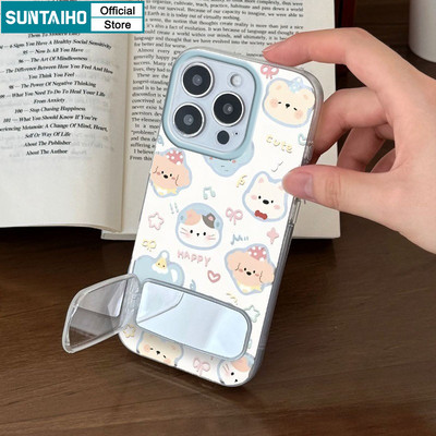 Suntaiho Ốp Điện Thoại Hoạt Hình Thú Cưng Họa Tiết Trong Suốt Mềm Cao Cấp Chống Sốc Ốp Lưng Có Gấp Gương Trang Điểm Cho iPhone 11 12 13 14 15 16 Pro Max IP Plus
