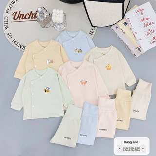  Bộ dài tay nỉ tăm bé trai bé gái sơ Unchi quần cạp cao chất nỉ tăm mềm mại co dãn giữ ấm cho bé UC.BN25.10 