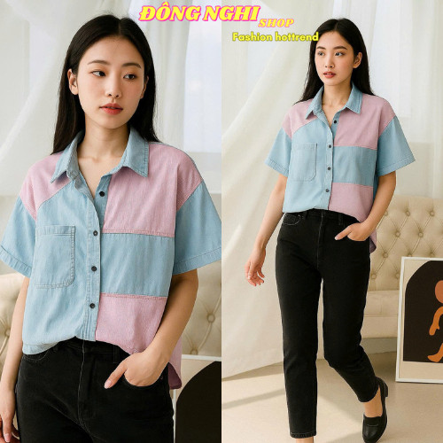 YOK_ Áo sơ mi nữ đẹp, Áo sơ mi Unisex, Áo sơ mi Jean thời trang phối kẻ cách điệu tay ngắn hàng xịn