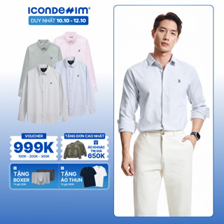 Áo sơ mi nam oxford tay dài ICONDENIM, họa tiết sọc palewave logo thêu tạo điểm nhấn, form slimfit tôn dáng SMID0145