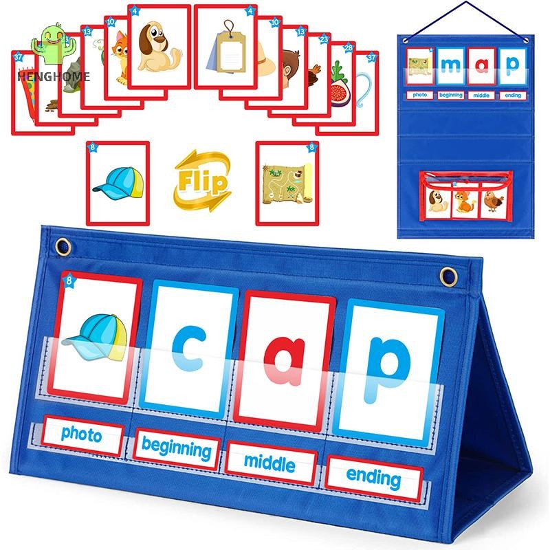 HENGHOME Word Building Desktop Tent Cards Set CVC Words Phonics Games Chart Kindergarten Spelling Ed