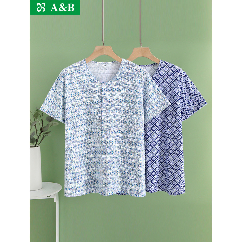 AB Quần Lót Nam Cotton Nguyên Chất Áo Cardigan Tay Ngắn In Hình Mùa Hè Mỏng Trung Niên Người Cao Tuổ