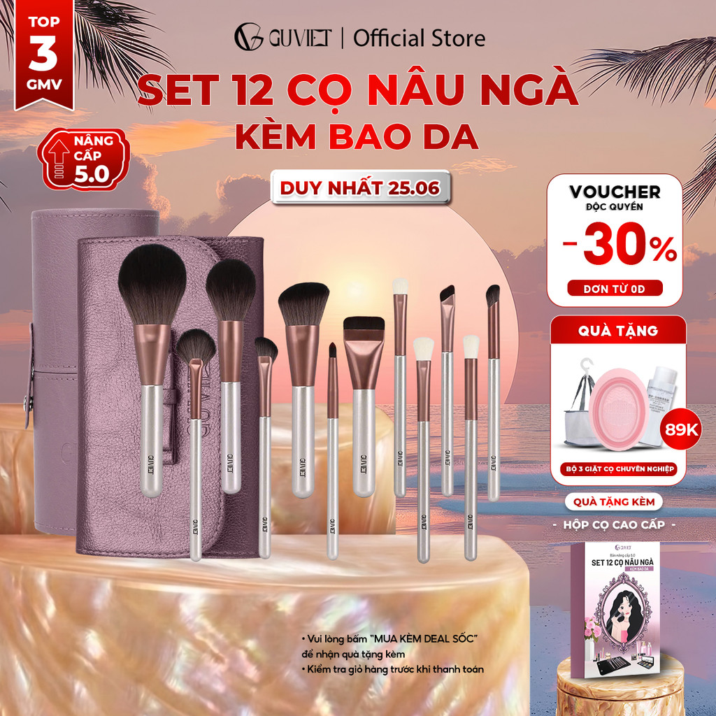 Bộ Cọ Trang Điểm Cá Nhân GUVIET 12 Cây Nâu Ngà Có Bao Da