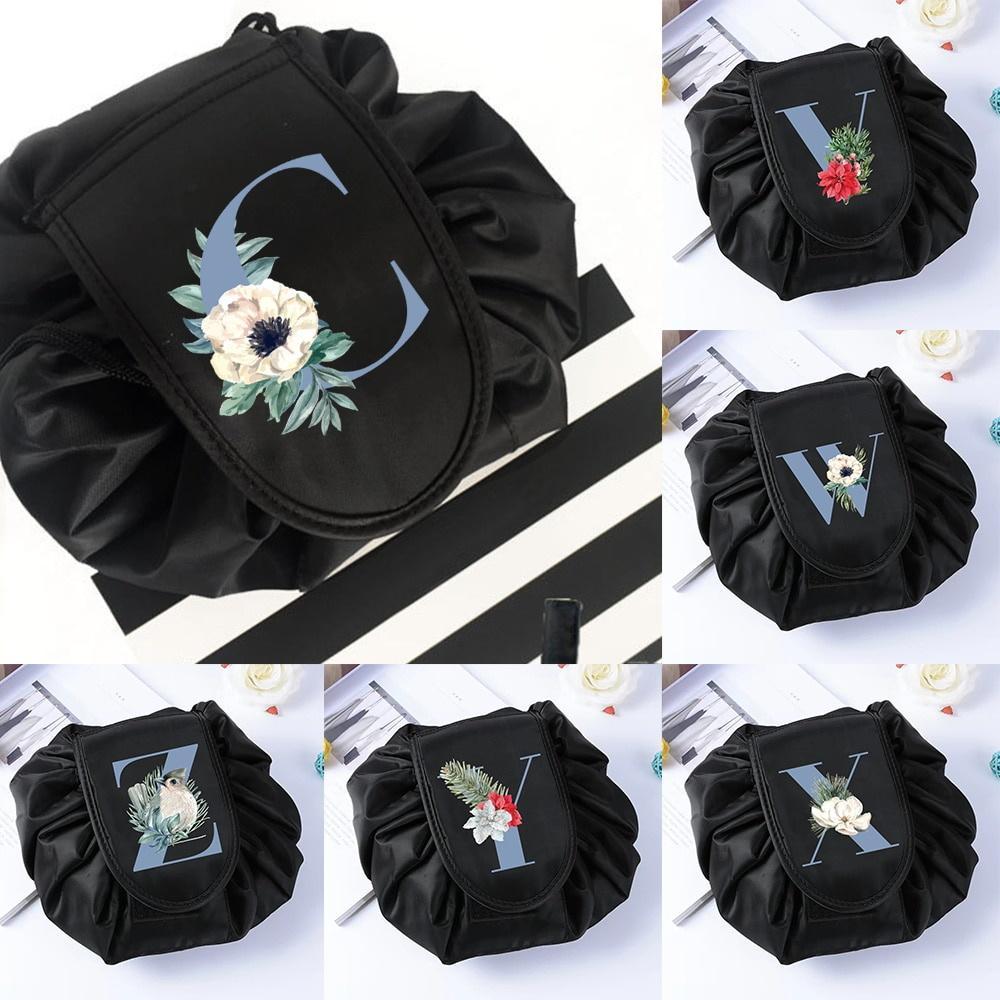 Women Drawstring Cosmetic Bag Travel Storage Makeup Bag Organizer Make Up Pouch Portable Blue Letter