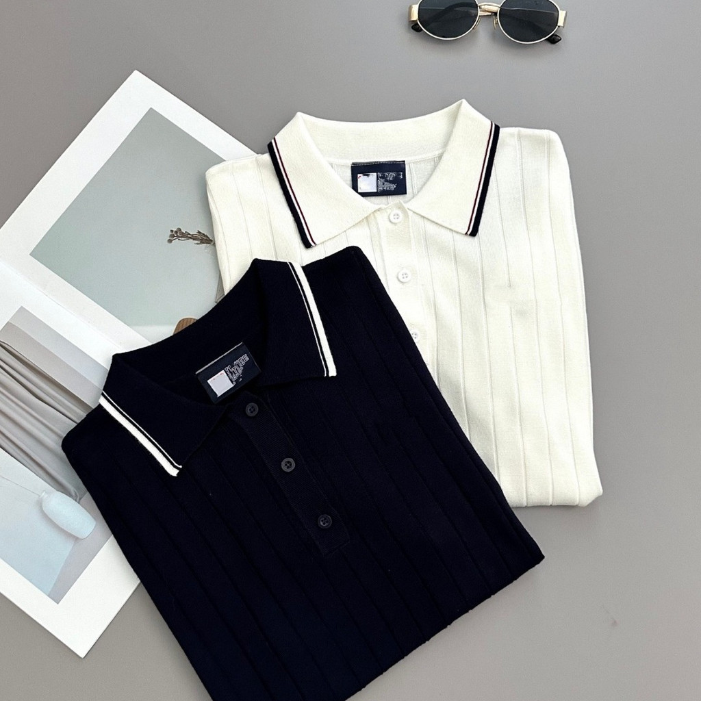 E6HW Feijia Vertical Knitting Polo Shirt Two-tone striped turn-down collar short-sleeve slim-fit emb