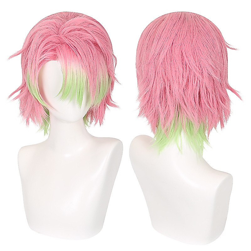 Mitsuri Kanroji Cosplay Tóc Giả Demon Slayer Ngắn Hồng Xanh Chịu Nhiệt Tổng Hợp Tóc