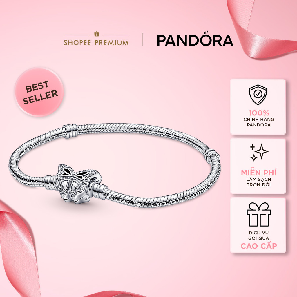 Vòng Tay Pandora Bạc Chính Hãng Khóa Bướm Đính Đá - Pandora Moments Butterfly Clasp Snake Chain Brac