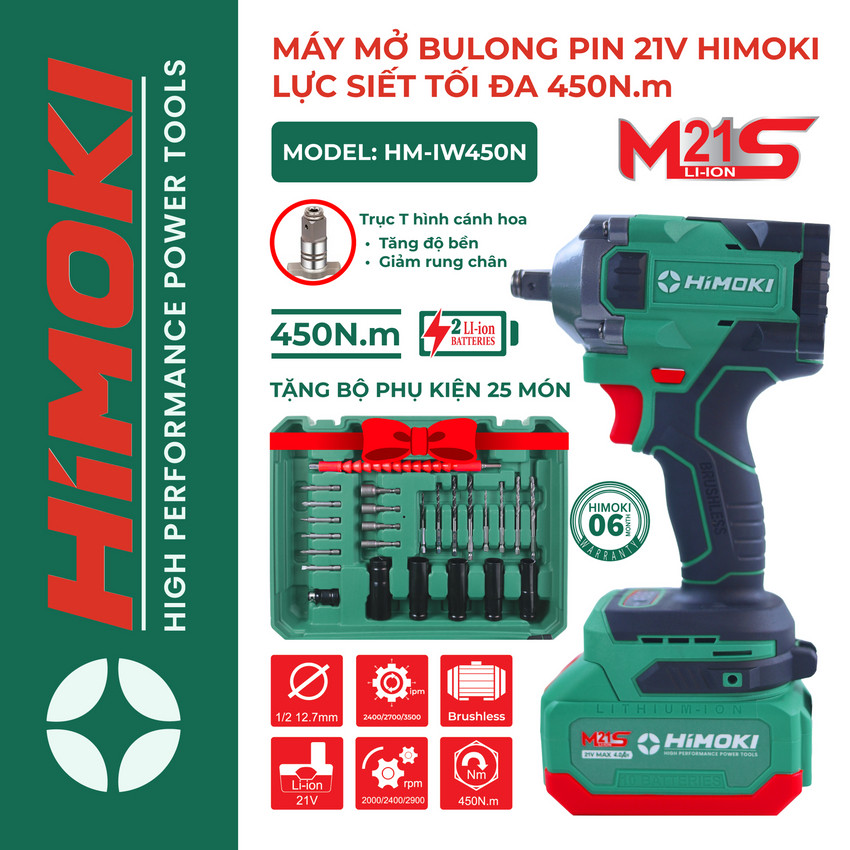 Máy siết bulong Himoki HM-IW450N đầu 2 trong 1 Lực siết 450Nm bảo hành chính hãng 12 tháng- HTB