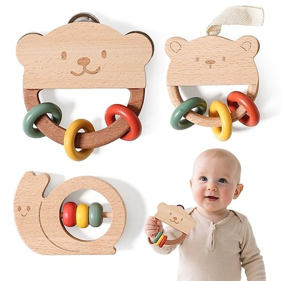 Bé Bằng Gỗ Grabbing Đồ Chơi Trẻ Em Mài Nhẹ Nhàng Miếng Dán Hình Động Vật Gỗ Lục Lạc Răng Cố Định Đồ Chơi Cho Mọc Răng