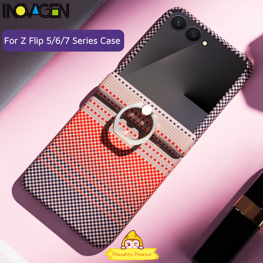 INOVAGEN Sợi Carbon Họa Tiết Vòng Đứng Ốp Lưng Điện Thoại Từ Tính Cho Samsung Galaxy Z Flip 7 6 5, C