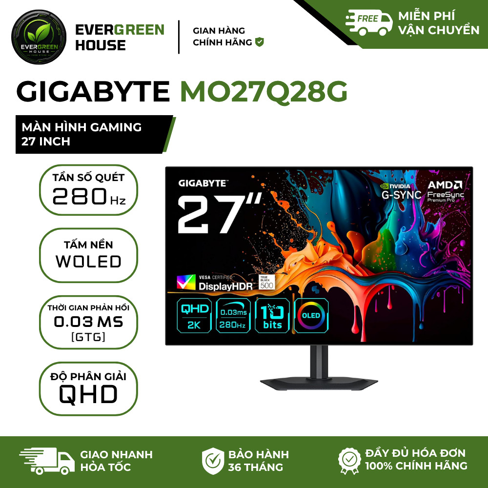 Màn Hình Gaming GIGABYTE OLED MO27Q28G 27inch QHD OLED 280Hz 0.03ms I Chính hãng I Bảo hành 36 tháng