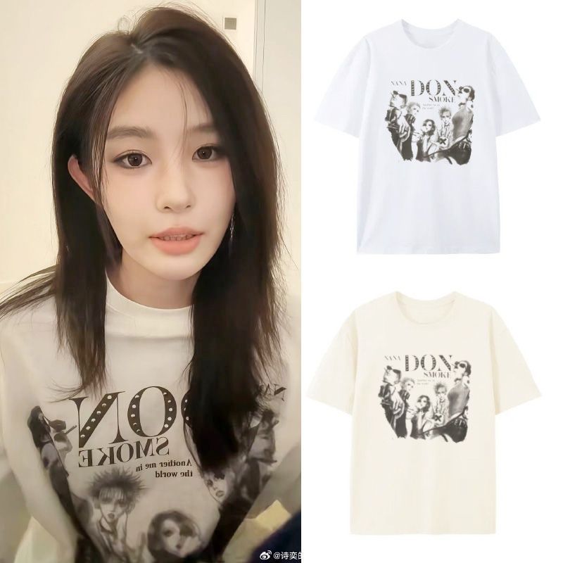 SNH48 Wang Yi Cùng Phong Cách Mỹ Retro In Hình Áo Thun Ngắn Tay Rời Mùa Hè Cotton Nguyên Chất Phong 