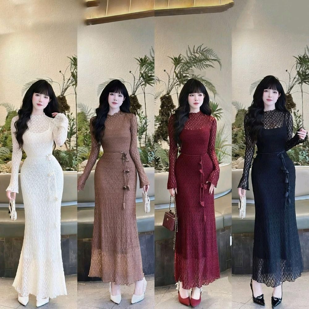 Đầm Ren Dài Nữ Tay Dài Thanh Lịch, Váy Ren Body Dáng Dài Ôm Tôn Dáng Đi Tiệc Đi Chơi, Đầm Nữ Freesiz