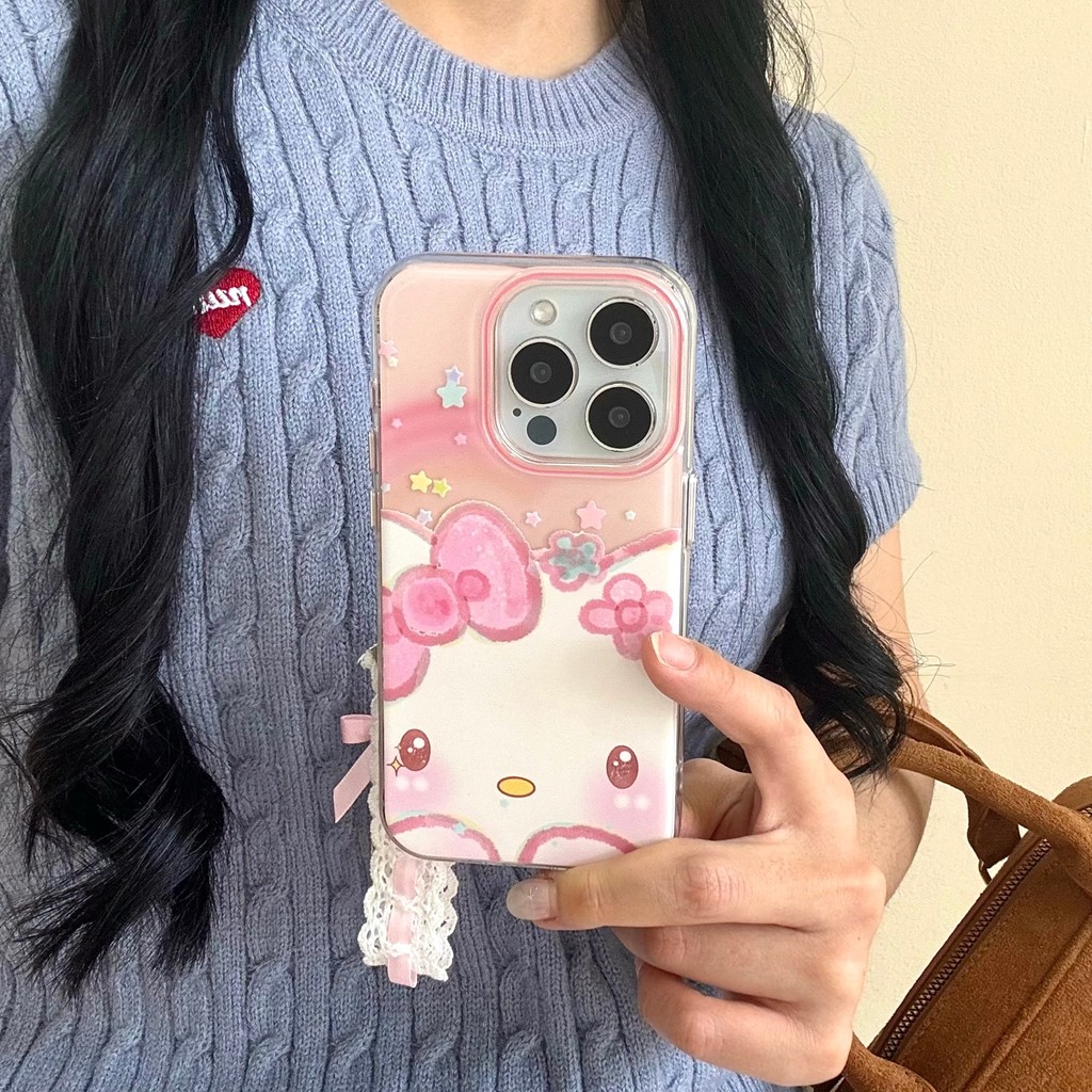 Ốp lưng iPhone 13/14/15/16/17 My Melody mặt trước in hình kèm dây đeo ren hồng