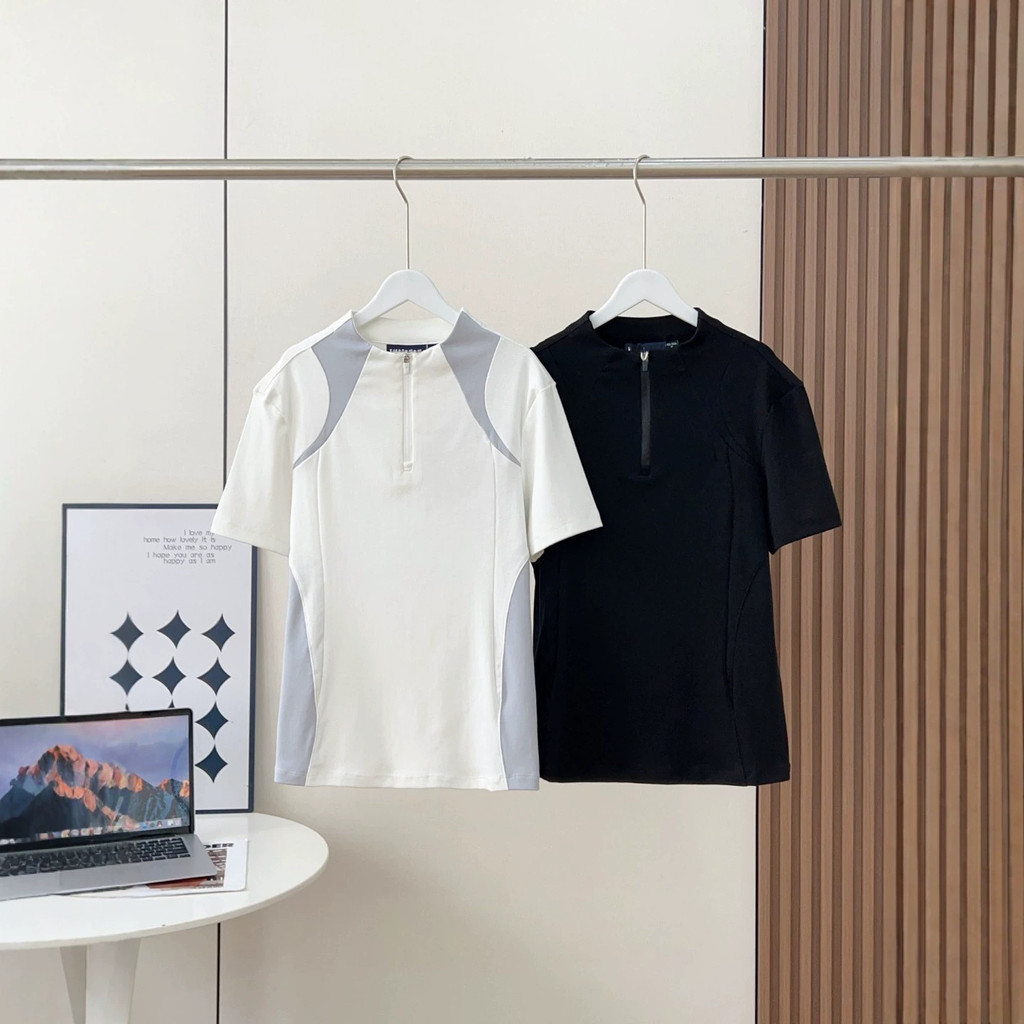 SYZL Feijia's new summer style color-blocked short-sleeve shirt T Shirt Women's Half-Zip Stand-Up Co